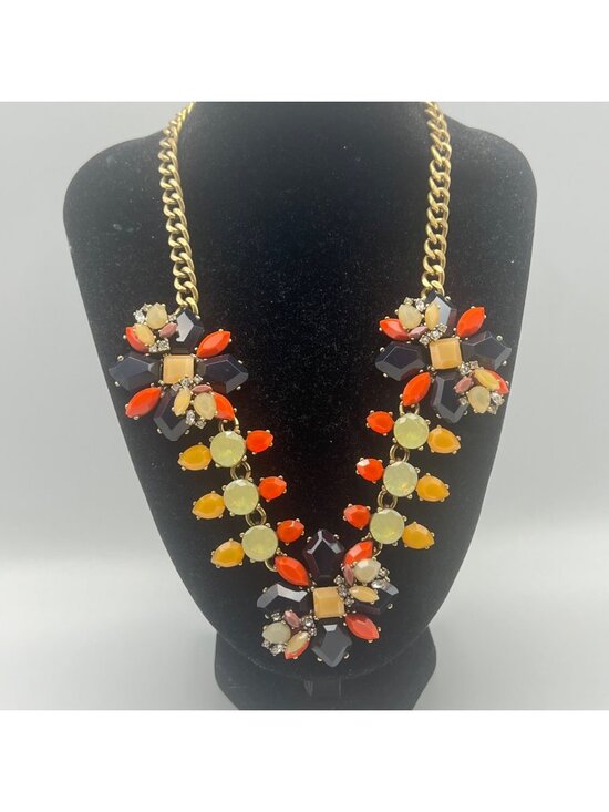 J Crew Jewelry - J Crew Statement Necklace Orange Black Yellow Floral Design 15+3"  Gold Tone